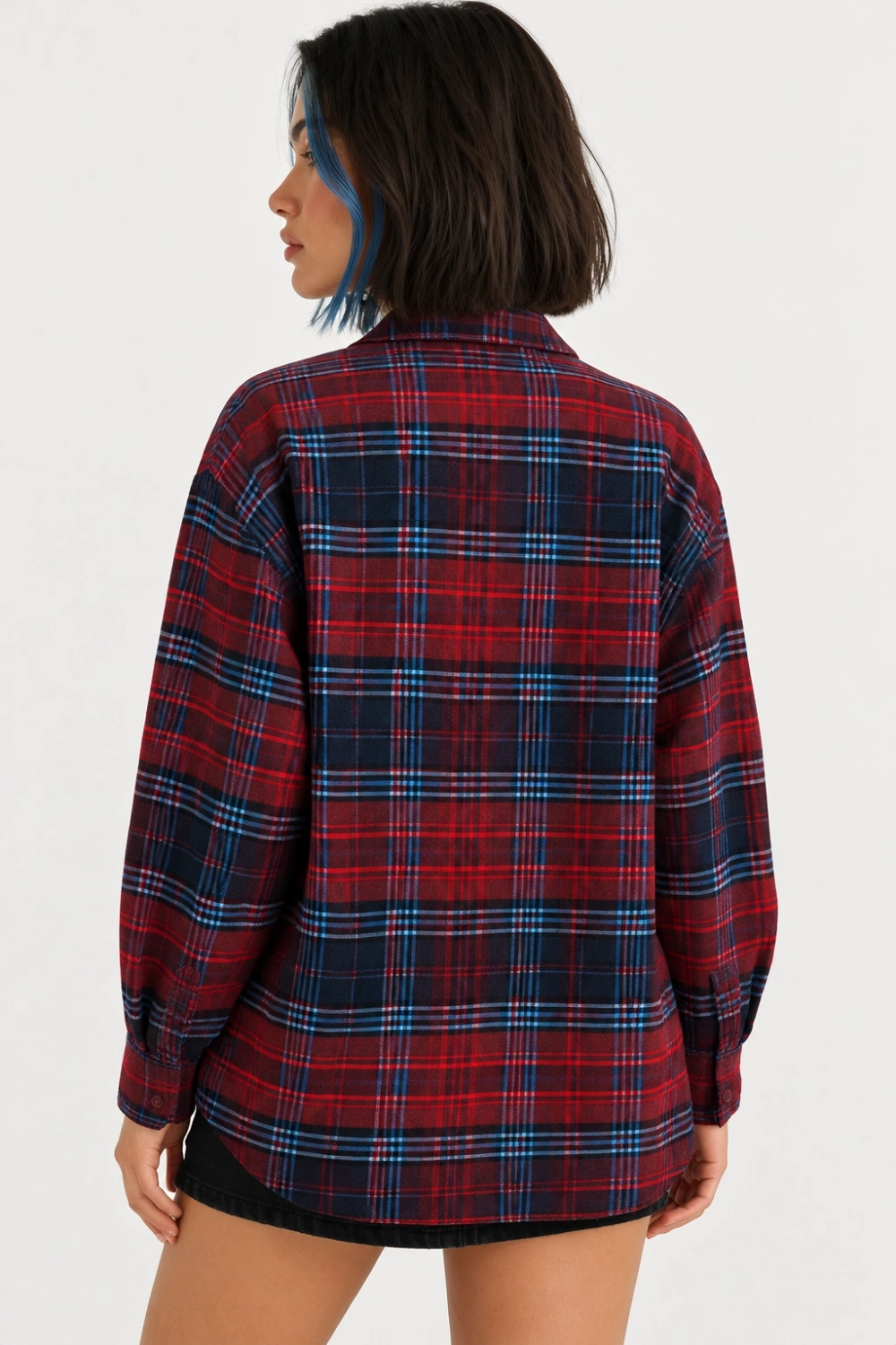 Kadın  Oversize Ekose Desenli Düğmeli Oduncu Gömlek - Bordo