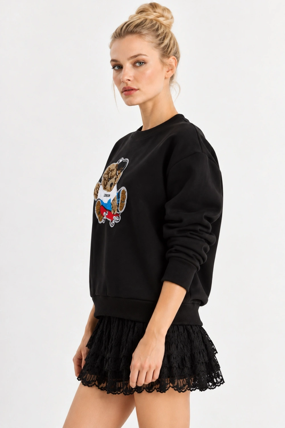 Kadın Oversize Teddy Nakışlı Bisiklet Yaka Salaş Sweatshirt - Siyah