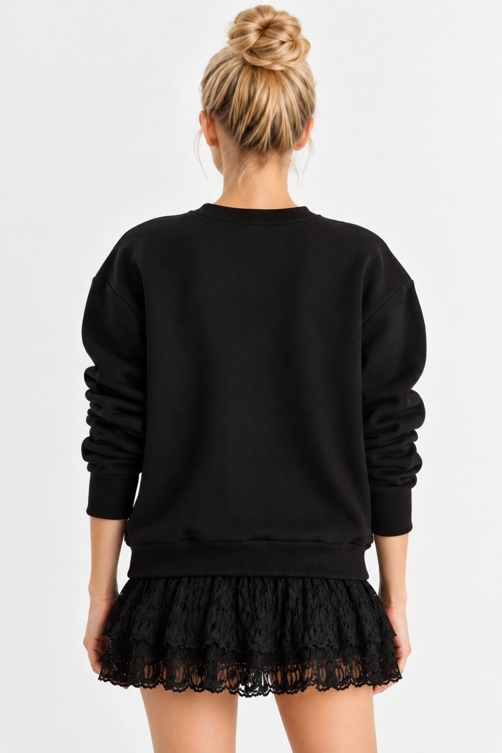 Kadın Oversize Teddy Nakışlı Bisiklet Yaka Salaş Sweatshirt - Siyah