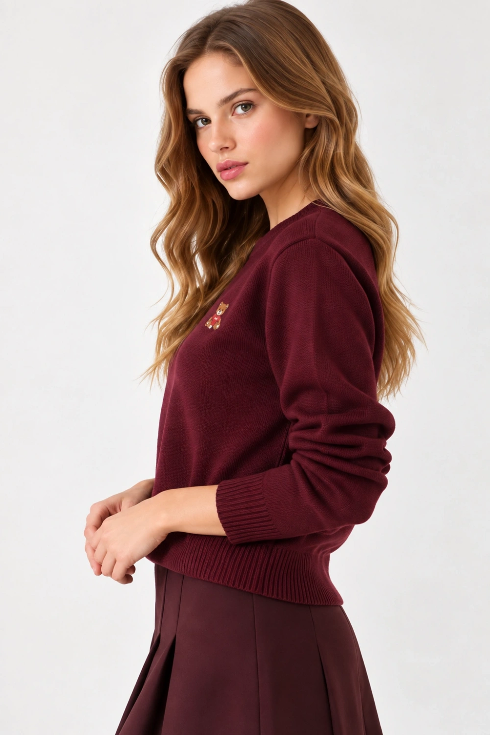 Kadın Peluş Teddy Ayıcık Nakışlı Bisiklet Yaka Basic Triko Kazak  - Bordo