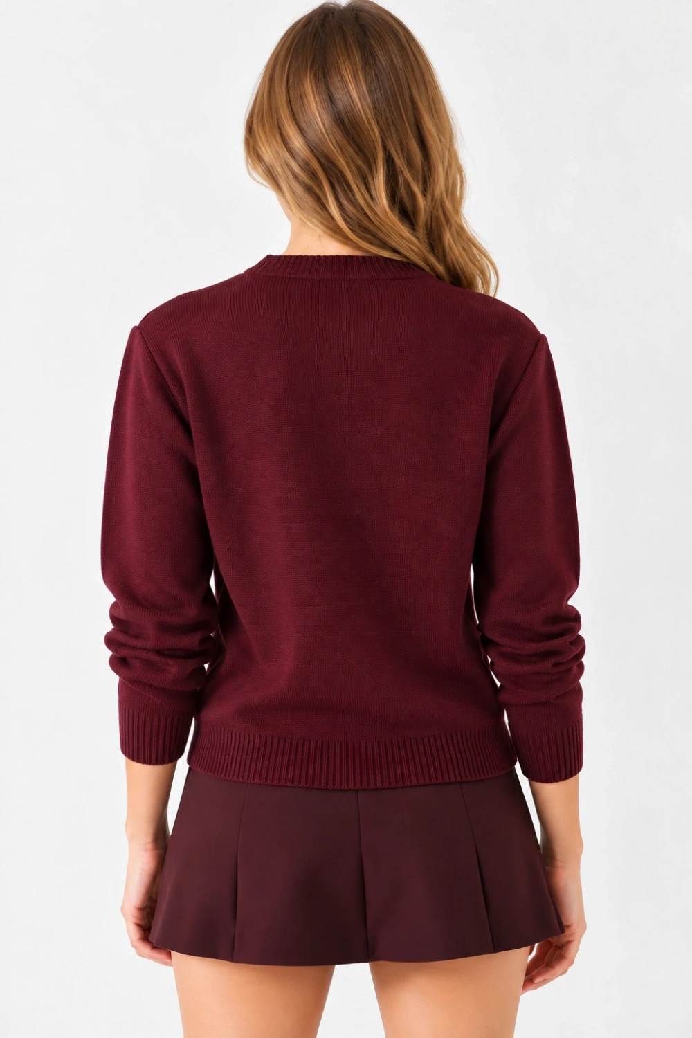 Kadın Peluş Teddy Ayıcık Nakışlı Bisiklet Yaka Basic Triko Kazak  - Bordo