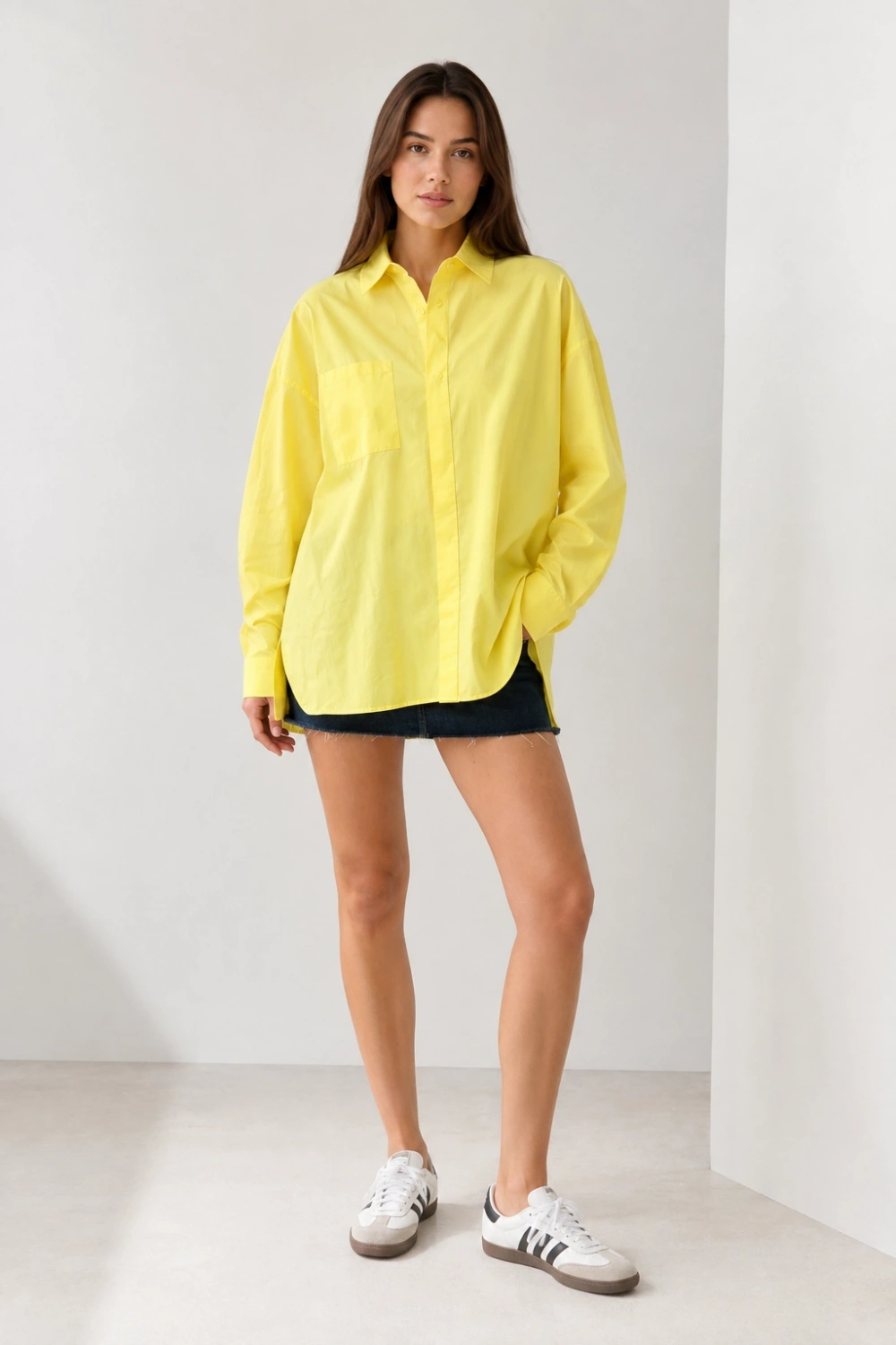Menri Kadın Oversize Pensli Cepli Poplin Gömlek - Sarı
