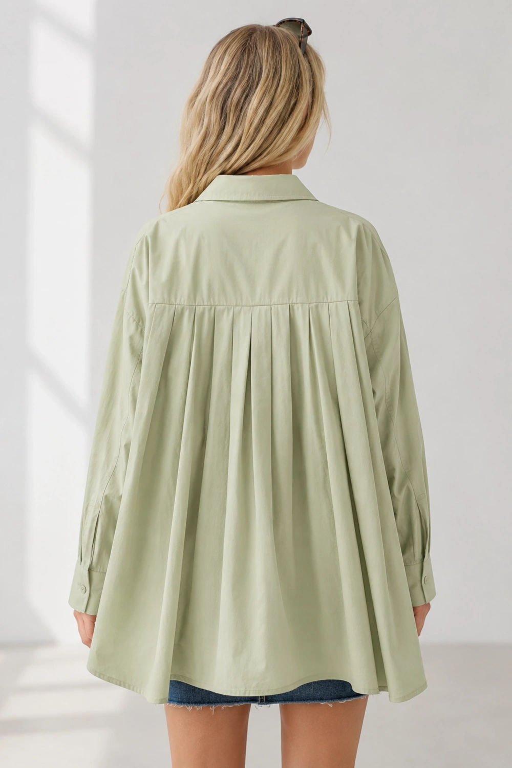 Menri Kadın Oversize Pensli Cepli Poplin Gömlek - Yeşil