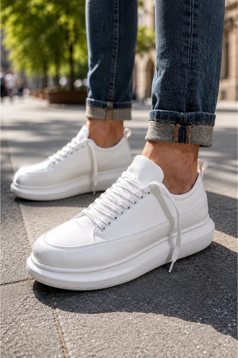 Meverk Cilt Erkek Sneaker Ayakkabı – Kalın Taban Günlük Beyaz