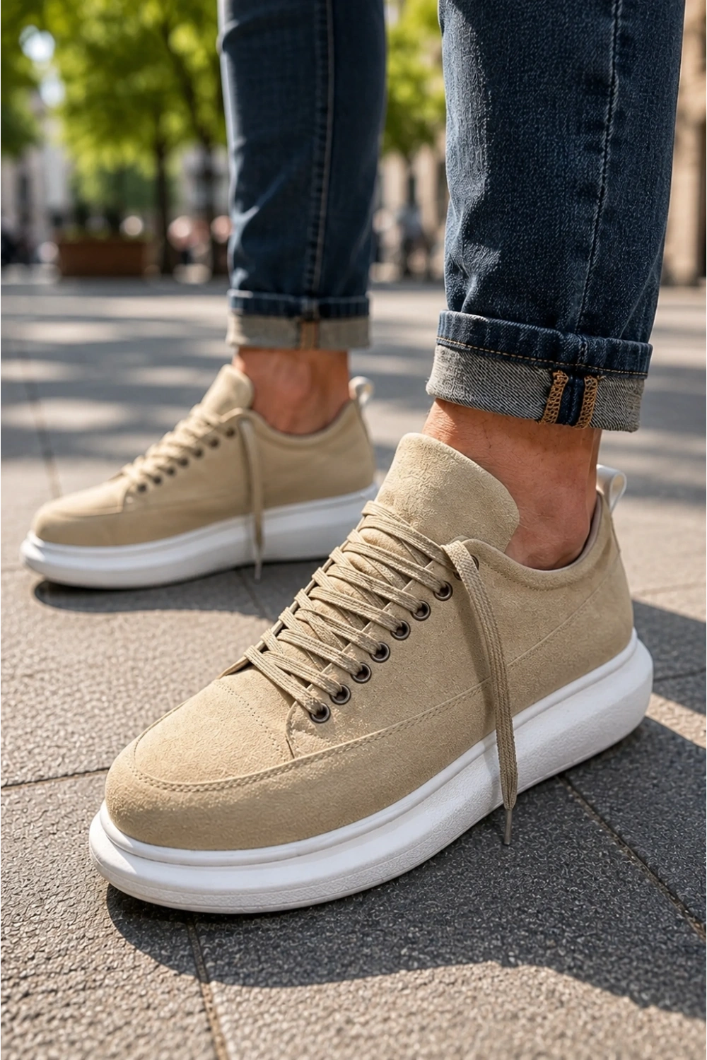 Meverk Süet Erkek Sneaker Ayakkabı – Kalın Taban Günlük Krem