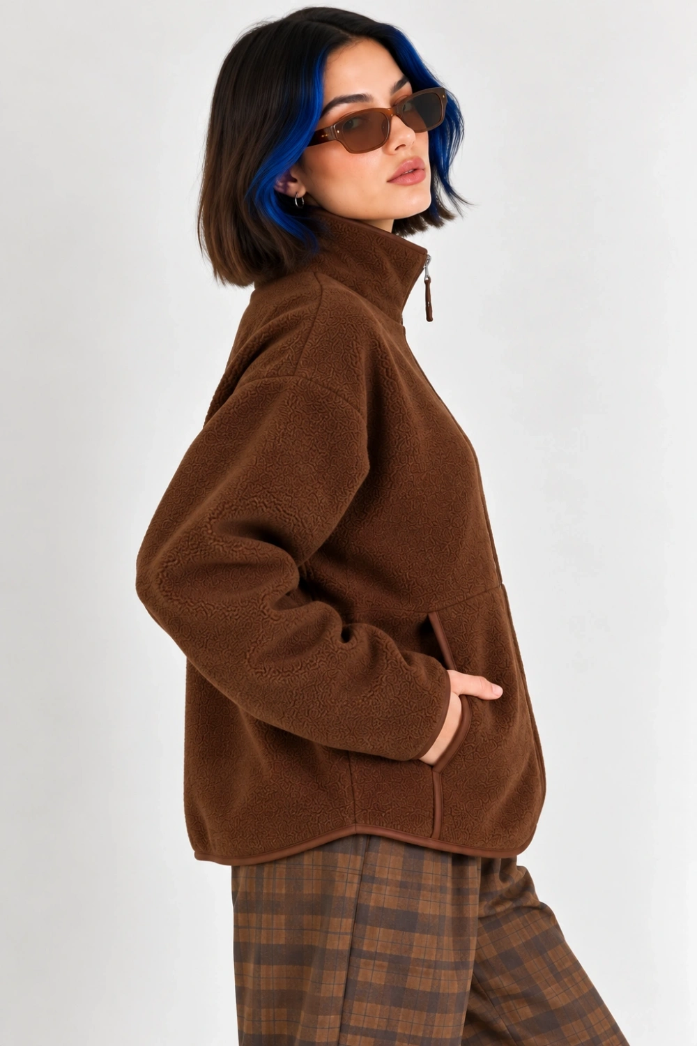 Oversize Dik Yaka Biyeli Fermuarlı Cepli Teddy Peluş Ceket- - Acı Kahve