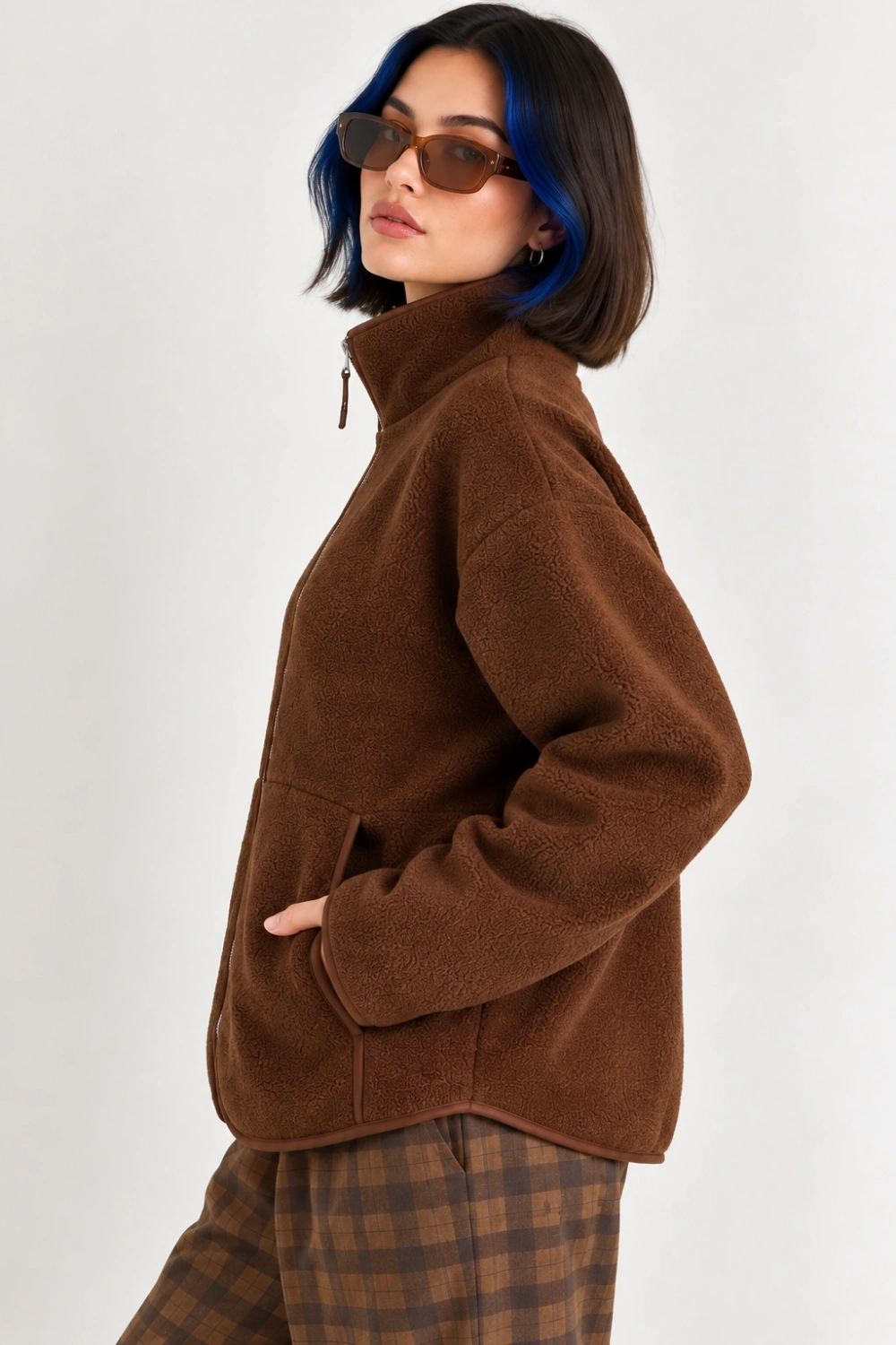 Oversize Dik Yaka Biyeli Fermuarlı Cepli Teddy Peluş Ceket- - Acı Kahve