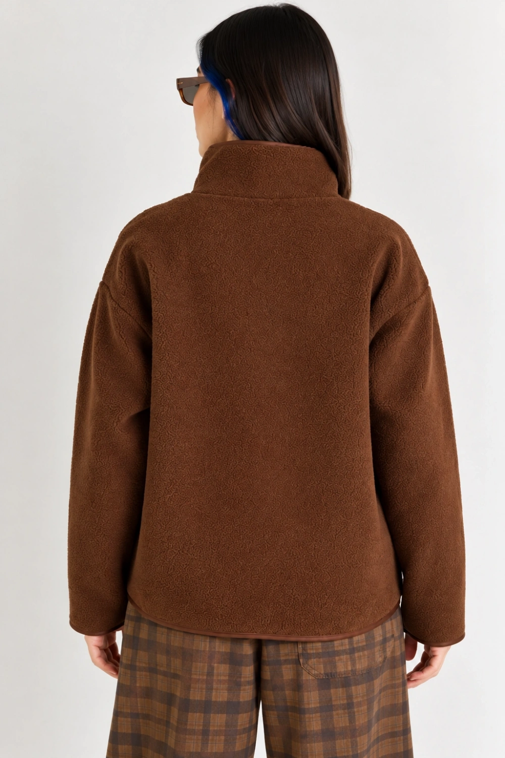 Oversize Dik Yaka Biyeli Fermuarlı Cepli Teddy Peluş Ceket- - Acı Kahve