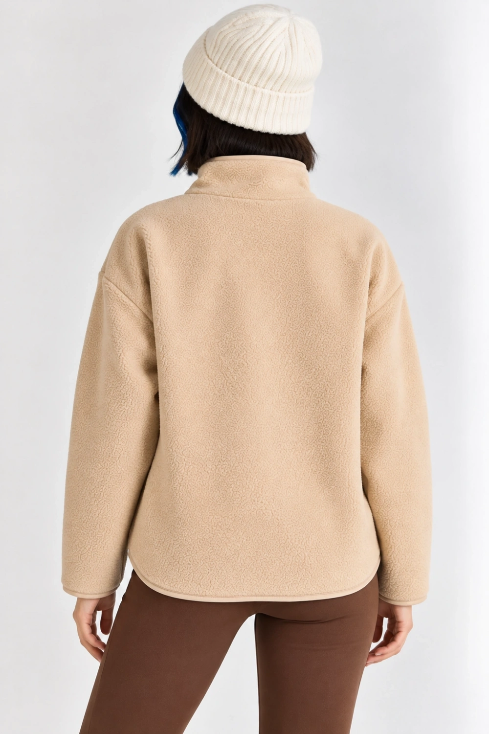 Oversize Dik Yaka Biyeli Fermuarlı Cepli Teddy Peluş Ceket- Bej