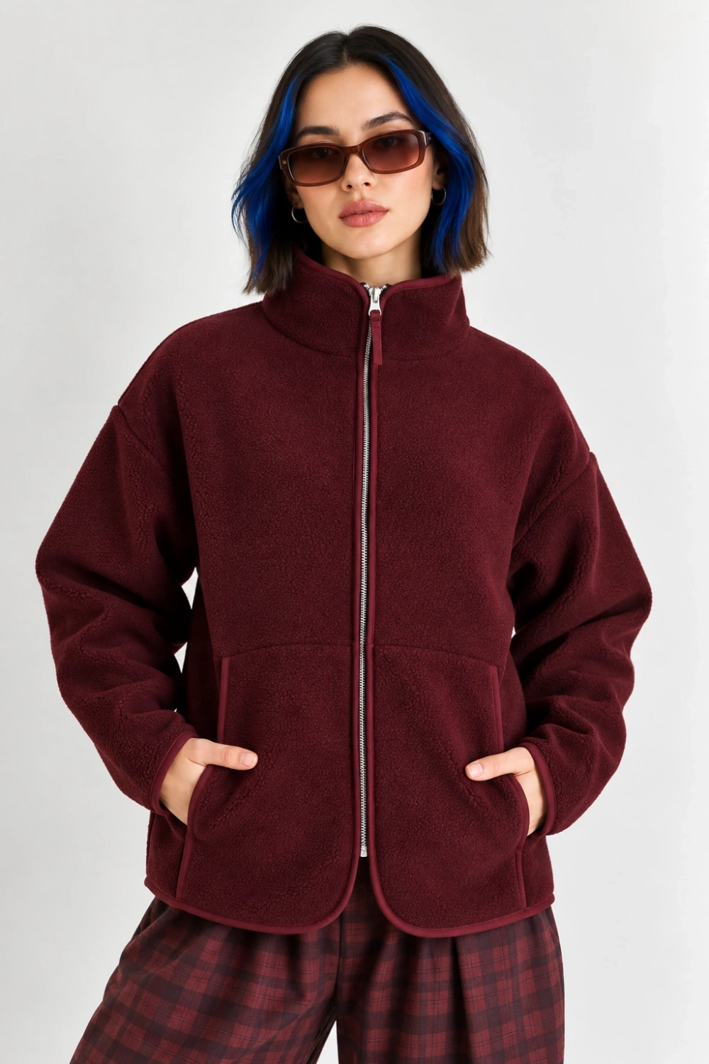 Oversize Dik Yaka Biyeli Fermuarlı Cepli Teddy Peluş Ceket- - Vişne