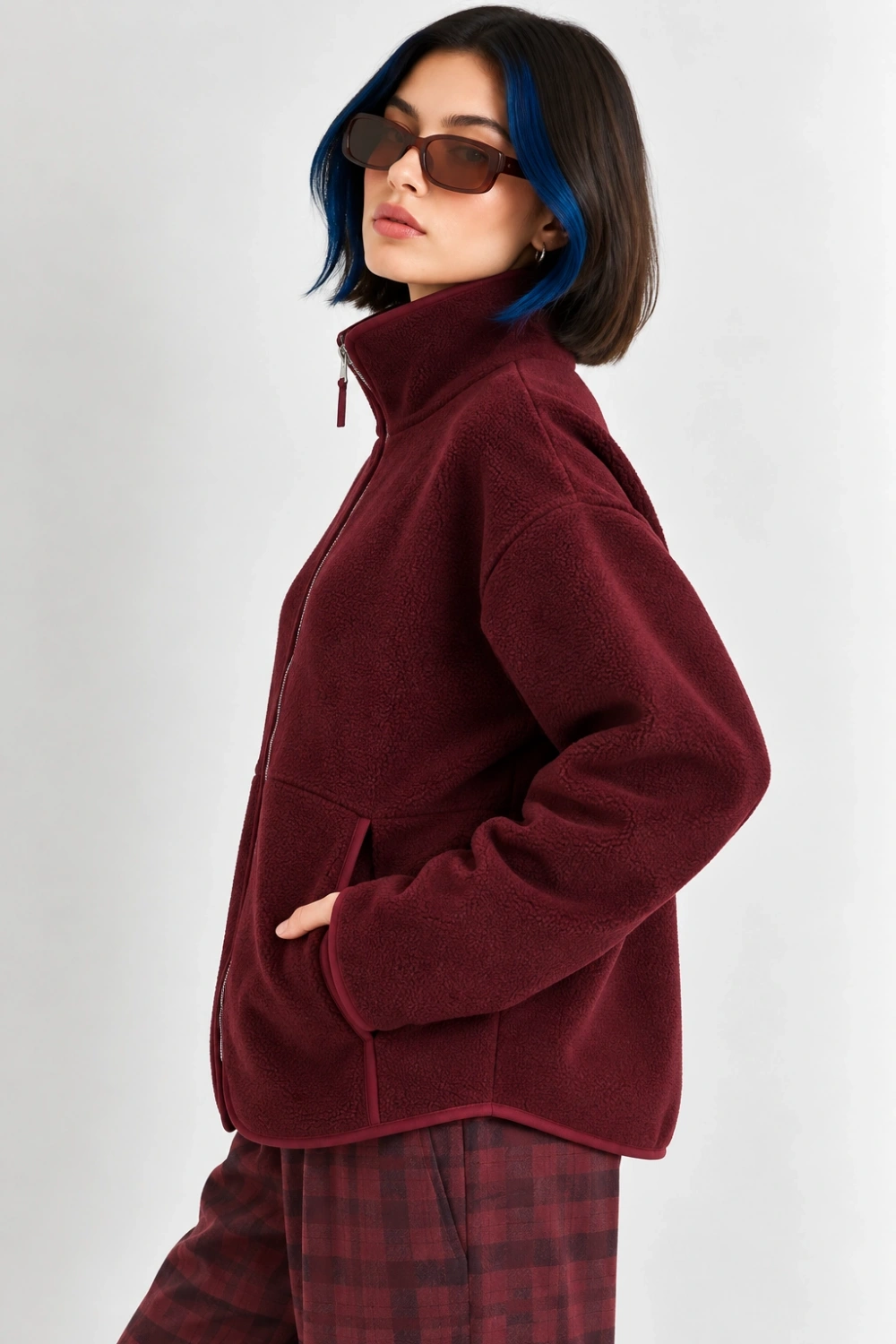 Oversize Dik Yaka Biyeli Fermuarlı Cepli Teddy Peluş Ceket- - Vişne