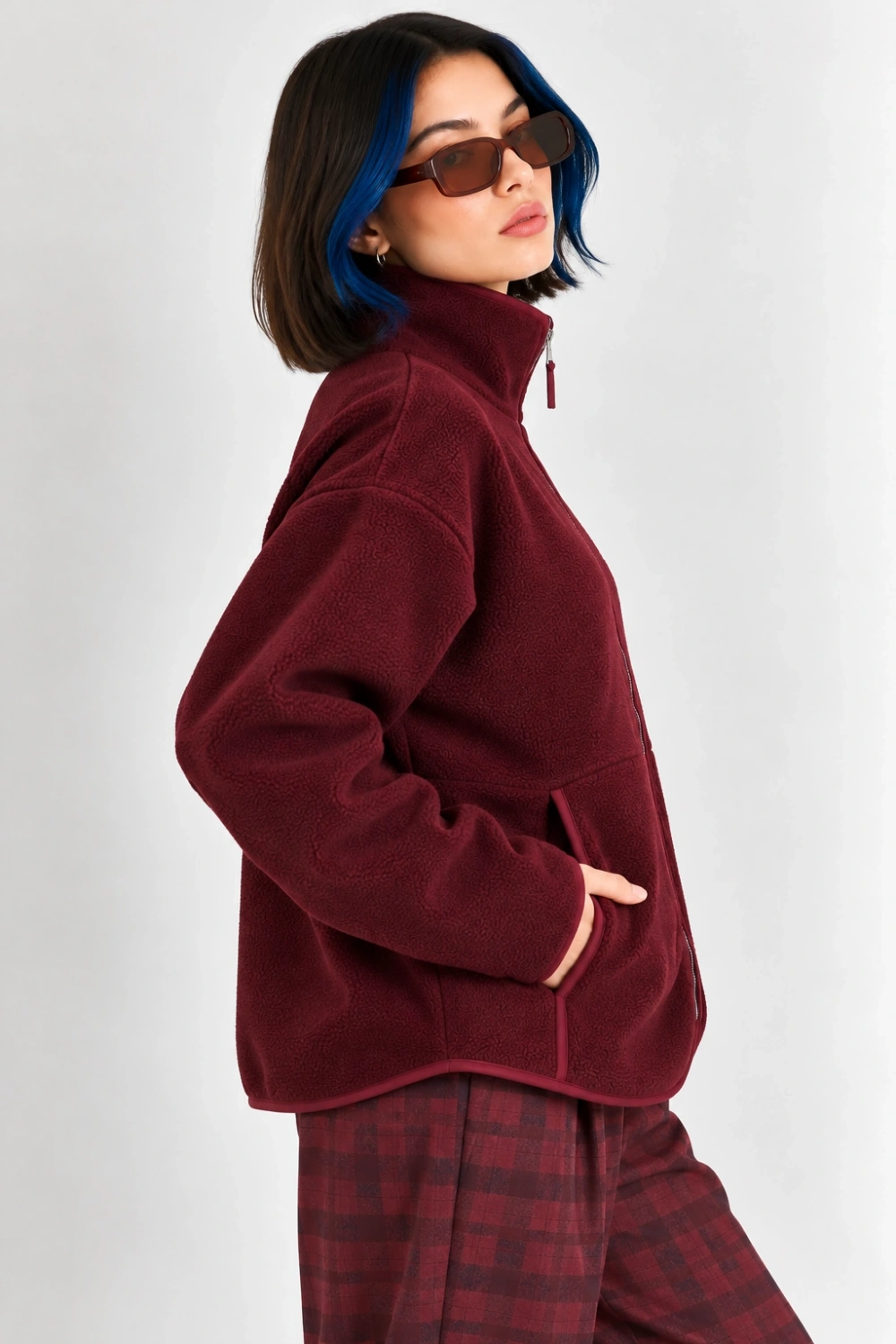 Oversize Dik Yaka Biyeli Fermuarlı Cepli Teddy Peluş Ceket- - Vişne