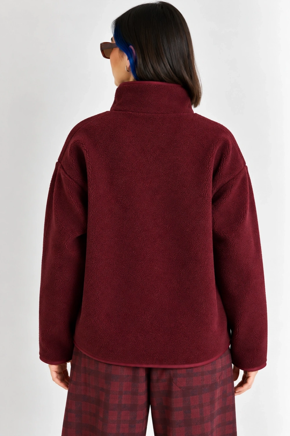 Oversize Dik Yaka Biyeli Fermuarlı Cepli Teddy Peluş Ceket- - Vişne