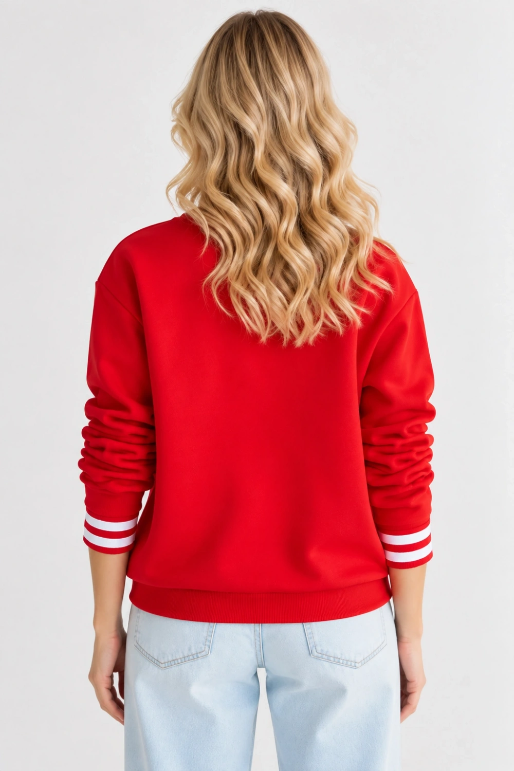 Oversize Teddy Kumaş Nakışlı Bisiklet Yaka Kadın Sweatshirt - Kırmızı