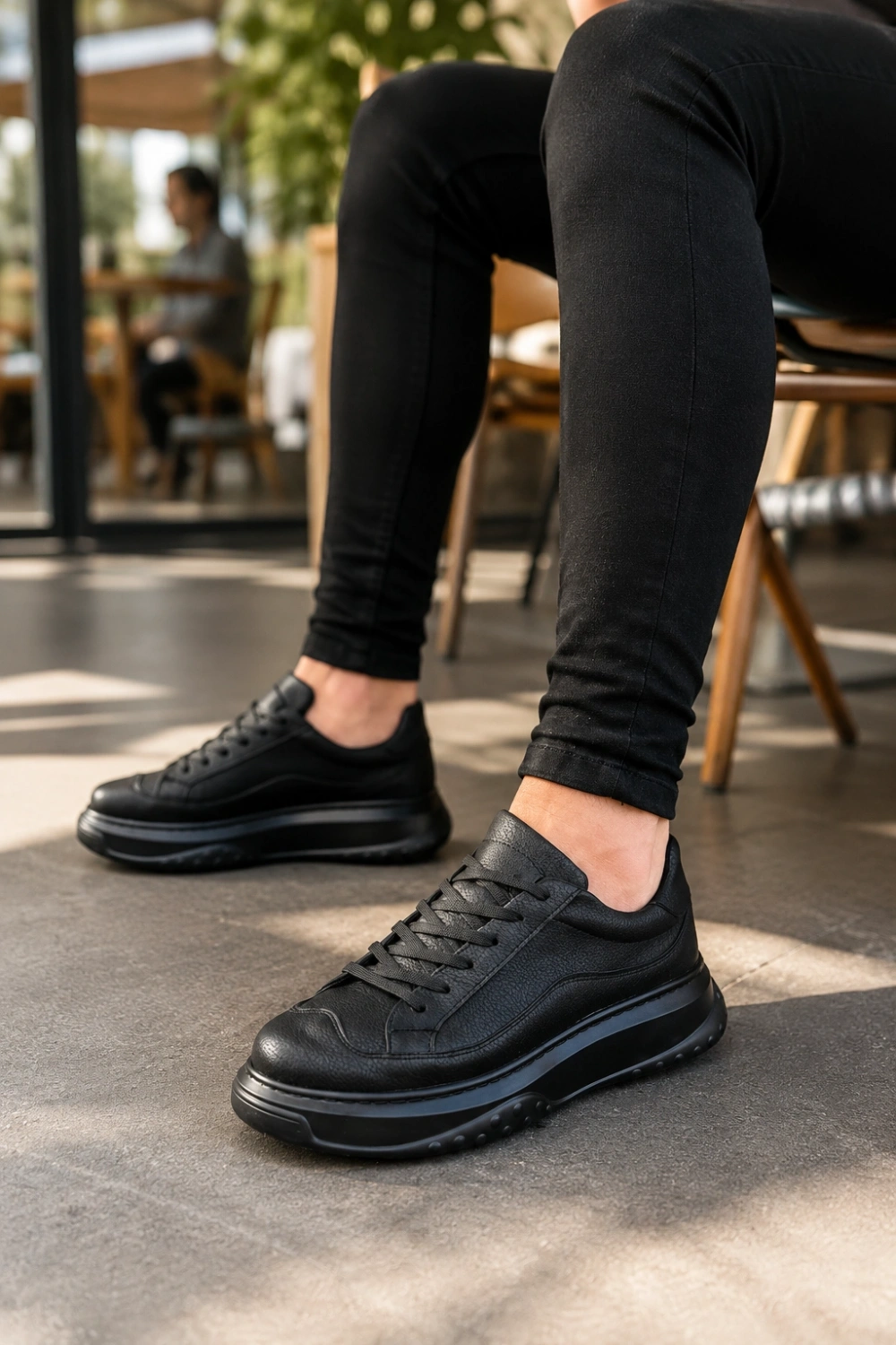 Rovero Erkek Bağcıklı Cilt Günlük Sneaker Ayakkabı – Siyah