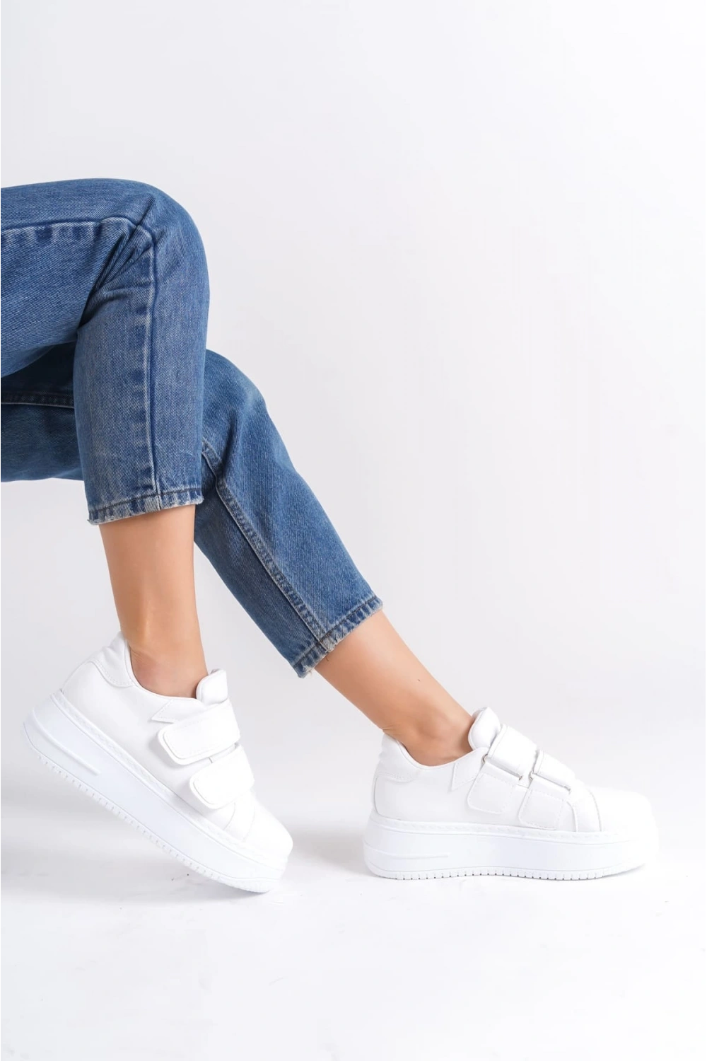 Vera Çift Cırtlı Kadın Günlük Sneaker Kalın Taban Rahat Ayakkabı - Beyaz