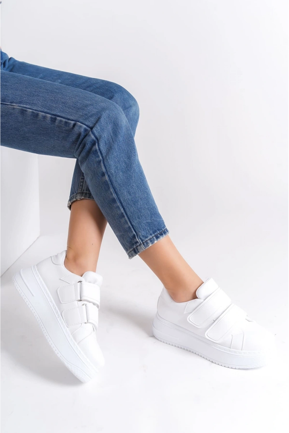 Vera Çift Cırtlı Kadın Günlük Sneaker Kalın Taban Rahat Ayakkabı - Beyaz
