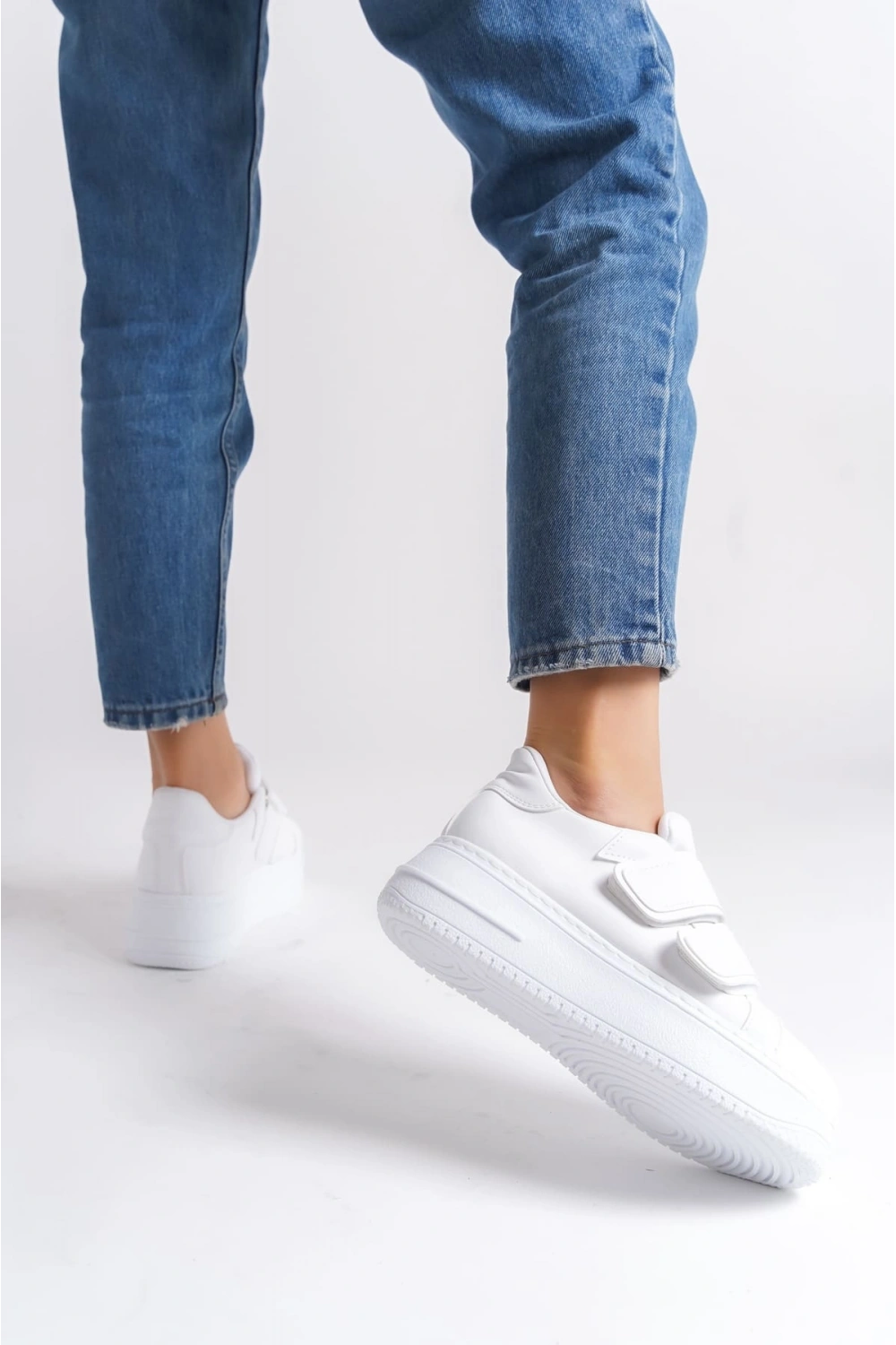 Vera Çift Cırtlı Kadın Günlük Sneaker Kalın Taban Rahat Ayakkabı - Beyaz