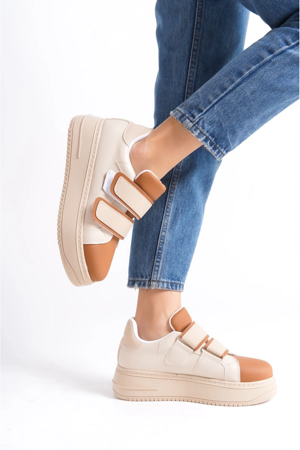 Vera Çift Cırtlı Kadın Günlük Sneaker Kalın Taban Rahat Ayakkabı - Taba