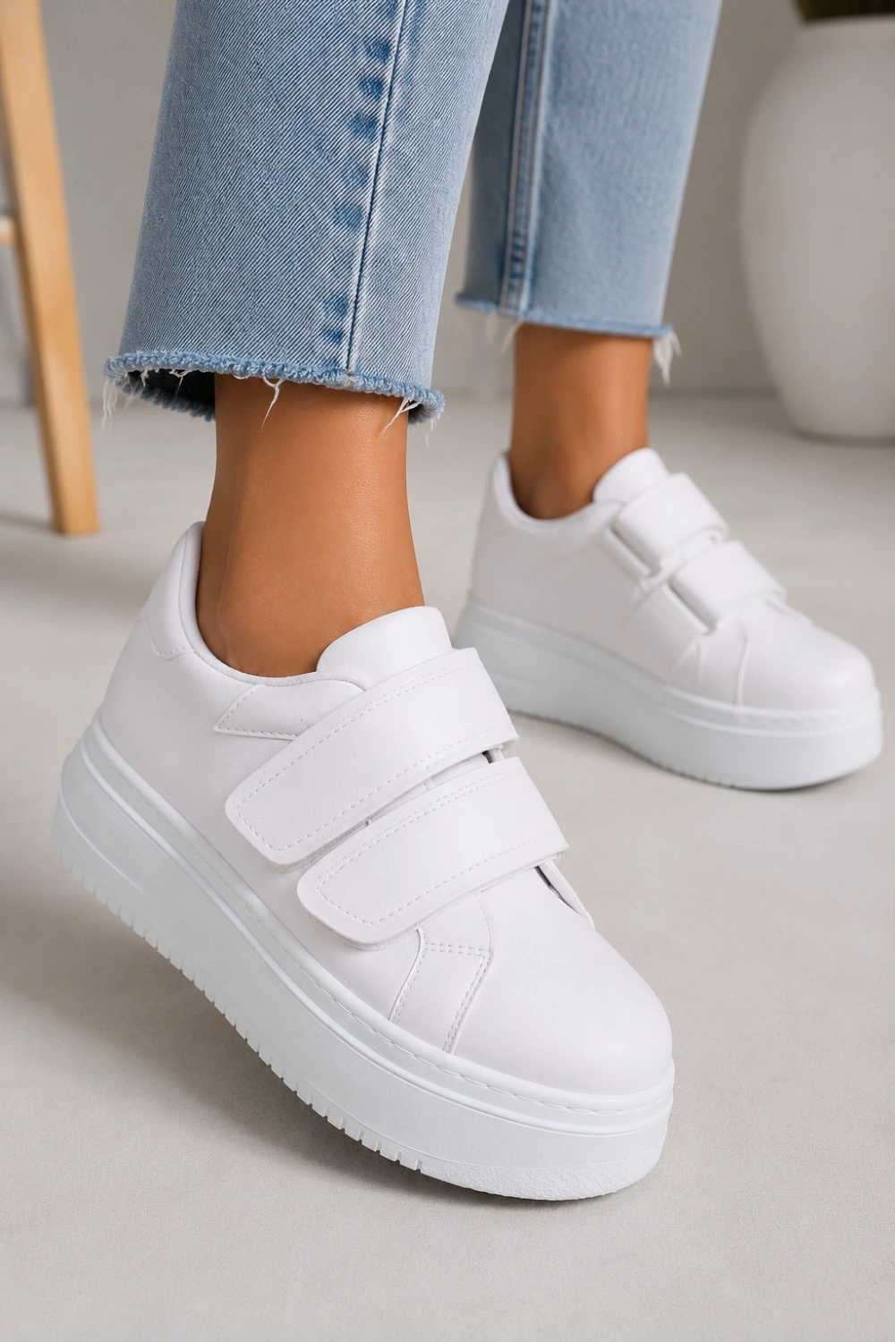 Vera Çift Cırtlı Kadın Günlük Sneaker Kalın Taban Rahat Ayakkabı - Beyaz
