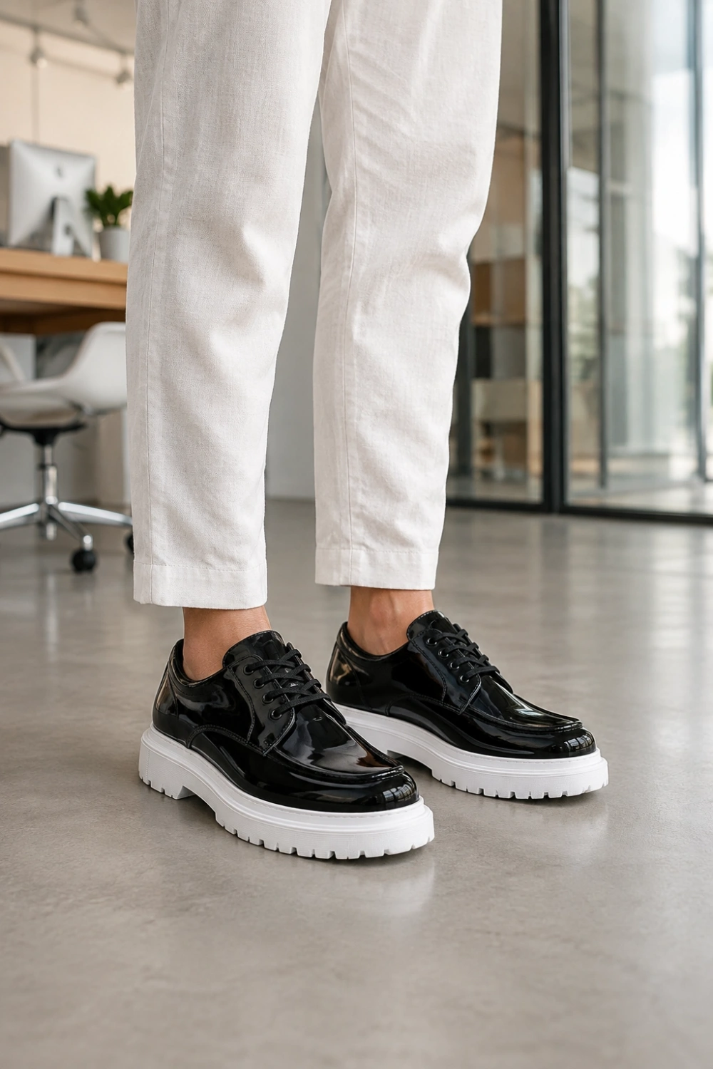 Verlixo Bağcıklı Parlak Rugan Erkek Casual Sneaker Klasik Günlük Ayakkabı - Siyah