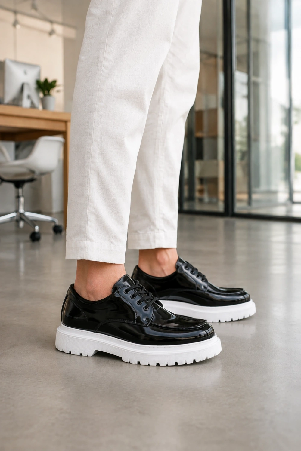 Verlixo Bağcıklı Parlak Rugan Erkek Casual Sneaker Klasik Günlük Ayakkabı - Siyah