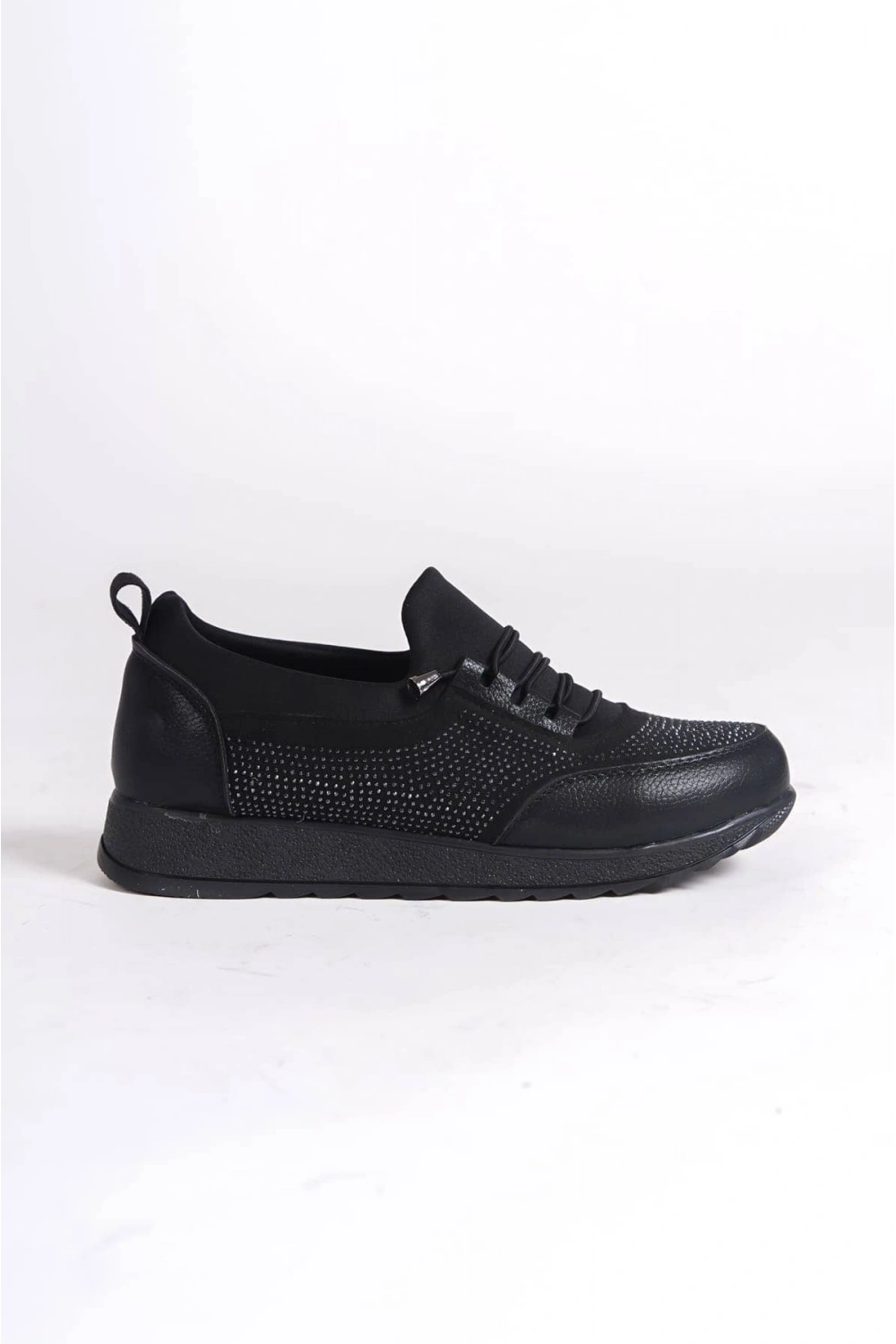 Sincere Rahat Taban Bağcıklı Taş Detaylı Kadın Sneaker Ayakkabı - Siyah