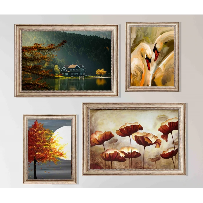 4 Parça Eskitme Çerçeveli Ahşap Tablo Seti, Ev Dekoru