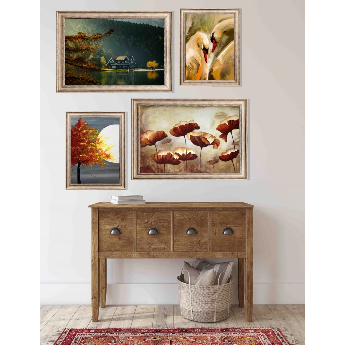4 Parça Eskitme Çerçeveli Ahşap Tablo Seti, Ev Dekoru