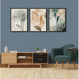 Bestablo 3 Parça Çerçeveli Boho Çiçekler Ahşap Tablo Seti Bestablo