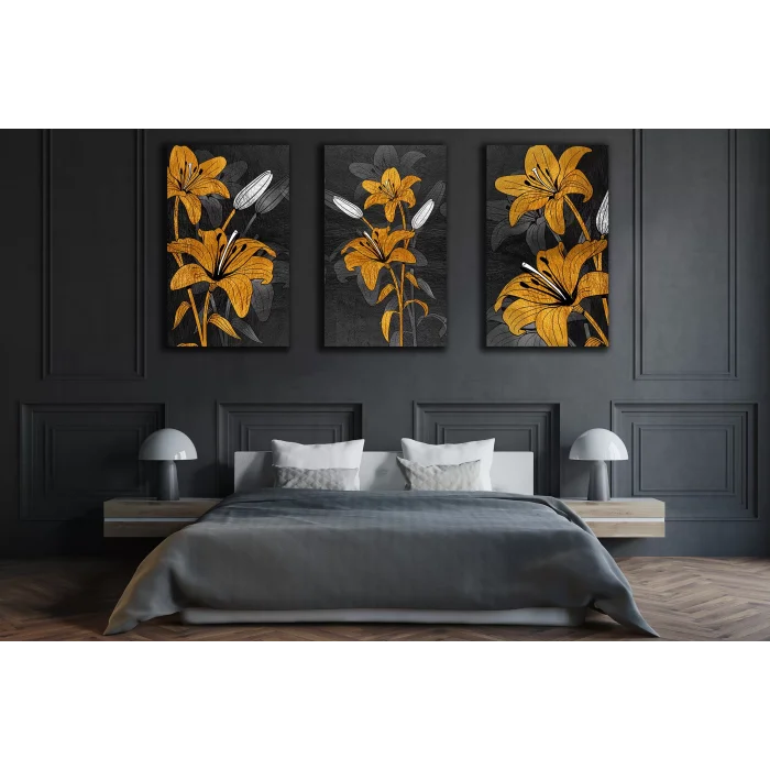 3 PARÇA DEKORATİF SARI ÇİÇEKLER KANVAS TABLO