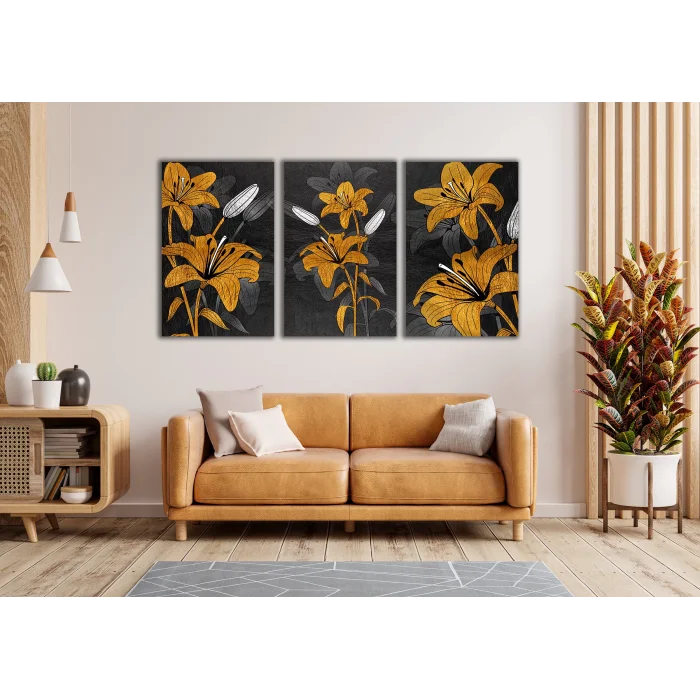 3 PARÇA DEKORATİF SARI ÇİÇEKLER KANVAS TABLO