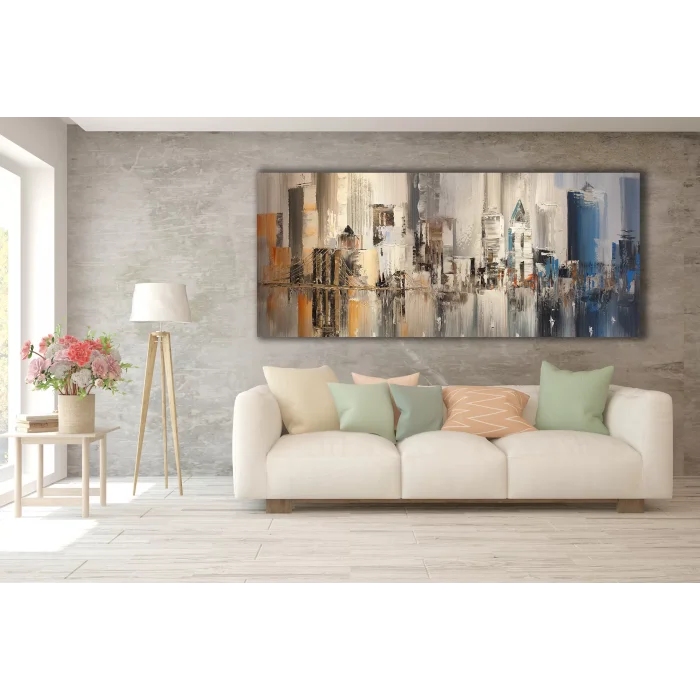 YAĞLI BOYA GÖRÜNÜMLÜ MODERN SOYUT ŞEHİR KANVAS TABLO