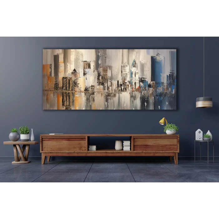 YAĞLI BOYA GÖRÜNÜMLÜ MODERN SOYUT ŞEHİR KANVAS TABLO