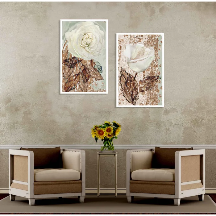 2 Parça Beyaz Gül Çerçeveli Ahşap Tablo Seti