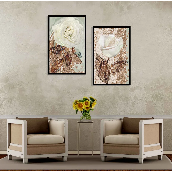 2 Parça Beyaz Gül Çerçeveli Ahşap Tablo Seti
