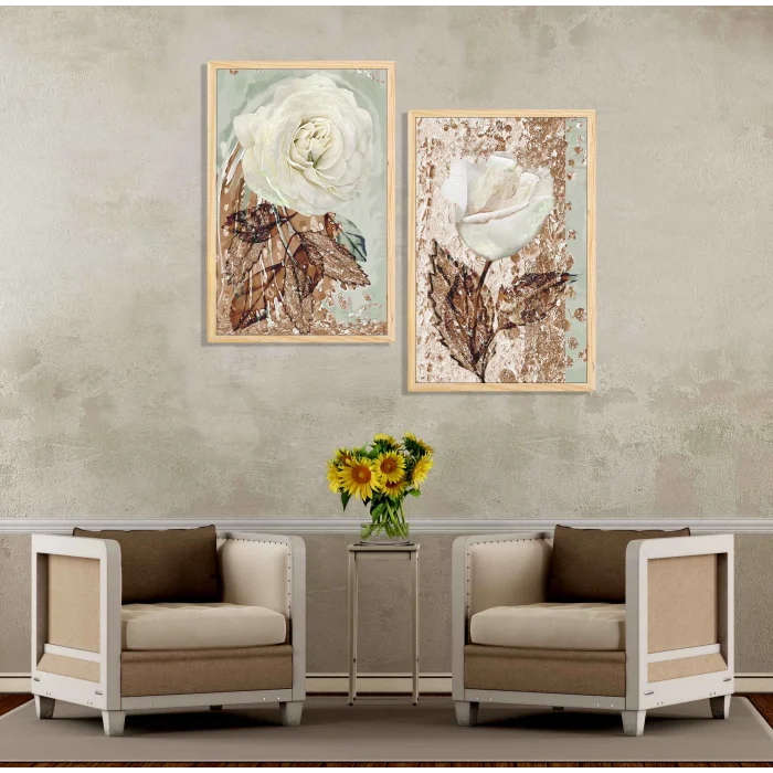 2 Parça Beyaz Gül Çerçeveli Ahşap Tablo Seti