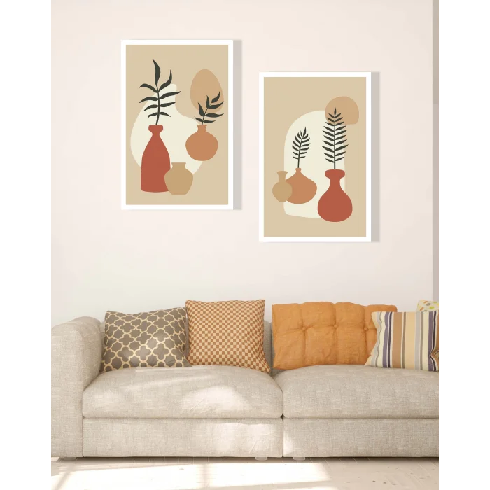 2 Parça Çerçeveli Bohem Ahşap Tablo Seti, Ev Dekoru, Soyut Tablo
