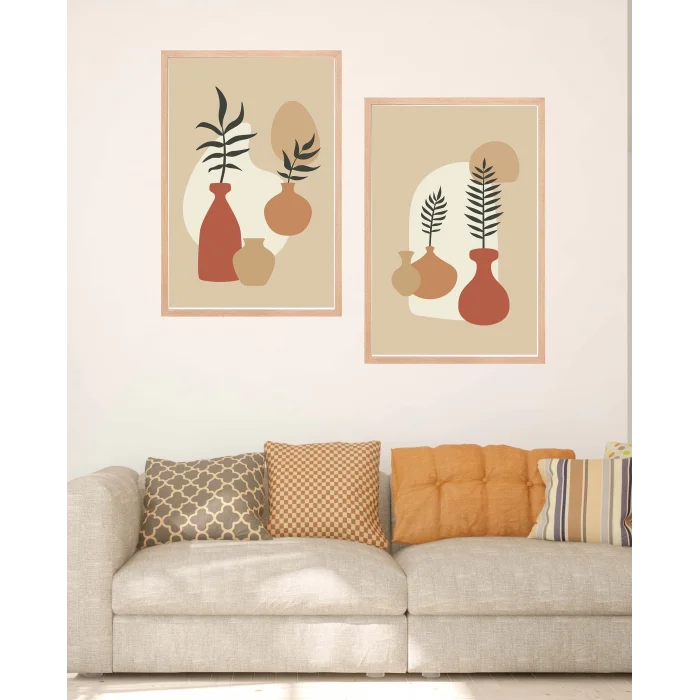 2 Parça Çerçeveli Bohem Ahşap Tablo Seti, Ev Dekoru, Soyut Tablo