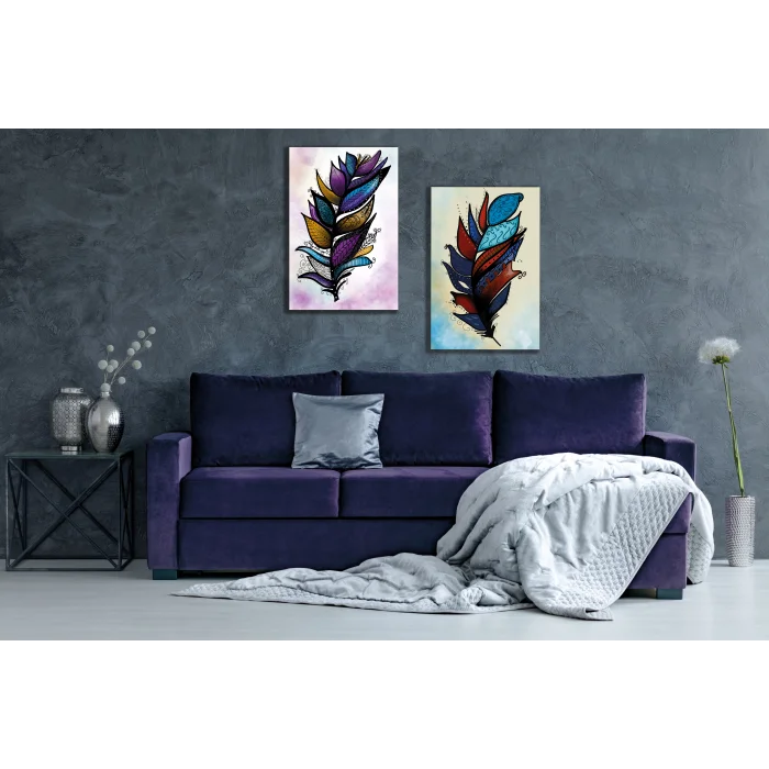 2 PARÇA DEKORATİF KUŞ TÜYÜ KANVAS TABLO