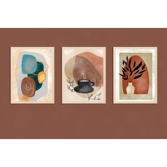 3lü Bohemian Çerçeveli Ahşap Tablo , Ev Dekoru , Soyut Tablo , Ahşap Tablo