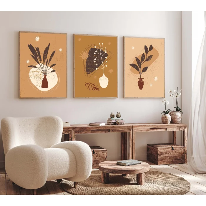 3lü Bohemian Kahve Çerçeveli Tablo , Ev Dekoru , Soyut Tablo , Ahşap Tablo