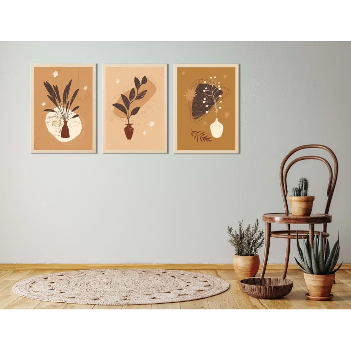 3lü Bohemian Kahve Çerçeveli Tablo , Ev Dekoru , Soyut Tablo , Ahşap Tablo