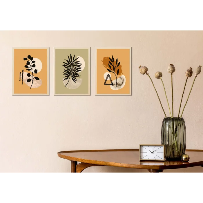 3lü Bohemian Yeşil Çerçeveli Tablo , Ev Dekoru , Soyut Tablo , Ahşap Tablo