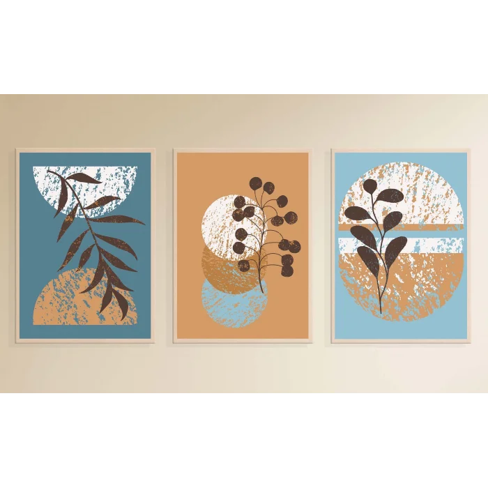 3lü Dekoratif Çerçeveli Tablo Mavi , Ev Dekoru , Soyut Tablo , Ahşap Tablo