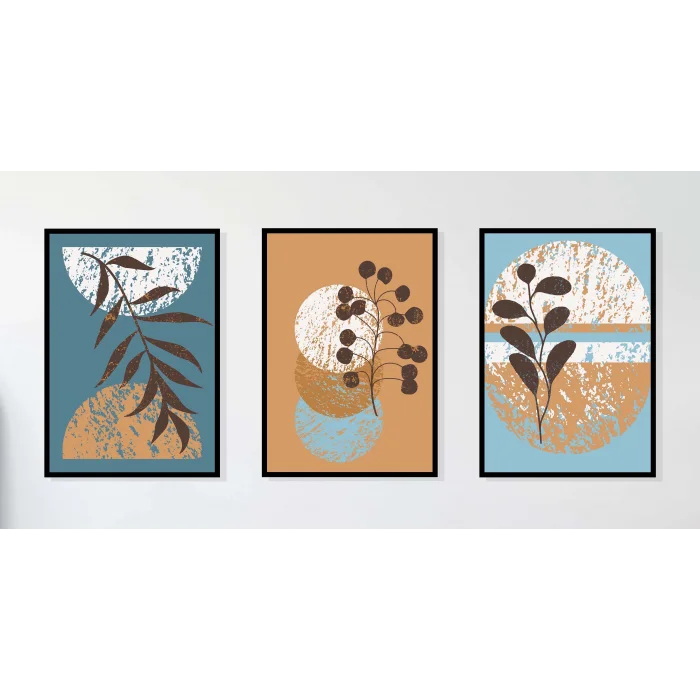 3lü Dekoratif Çerçeveli Tablo Mavi , Ev Dekoru , Soyut Tablo , Ahşap Tablo
