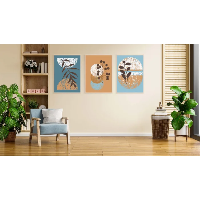 3lü Dekoratif Çerçeveli Tablo Mavi , Ev Dekoru , Soyut Tablo , Ahşap Tablo