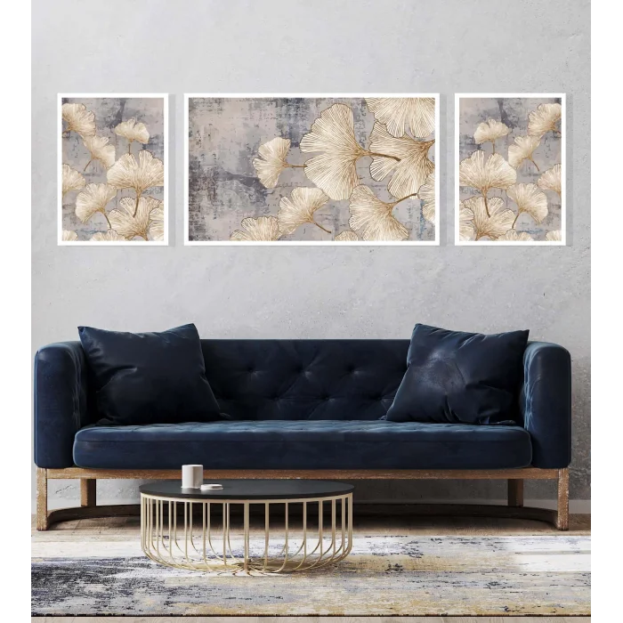 3lü Dekoratif Çizgili Yapraklar Çerçeveli Tablo Life , Ev Dekoru , Soyut Tablo , Ahşap Tablo