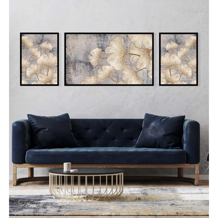 3lü Dekoratif Çizgili Yapraklar Çerçeveli Tablo Life , Ev Dekoru , Soyut Tablo , Ahşap Tablo