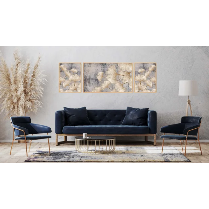 3lü Dekoratif Çizgili Yapraklar Çerçeveli Tablo Life , Ev Dekoru , Soyut Tablo , Ahşap Tablo